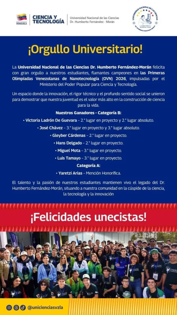 Estudiantes de la Universidad de las Ciencias destacan como campeones en las Primeras Olimpiadas Venezolanas de Nanotecnologia